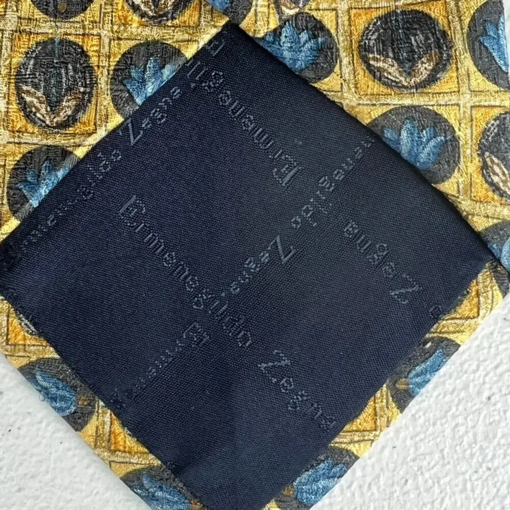 Ermenegildo Zegna Men's 100% Silk Yellow with Floral/ Geometric Pattern Tie